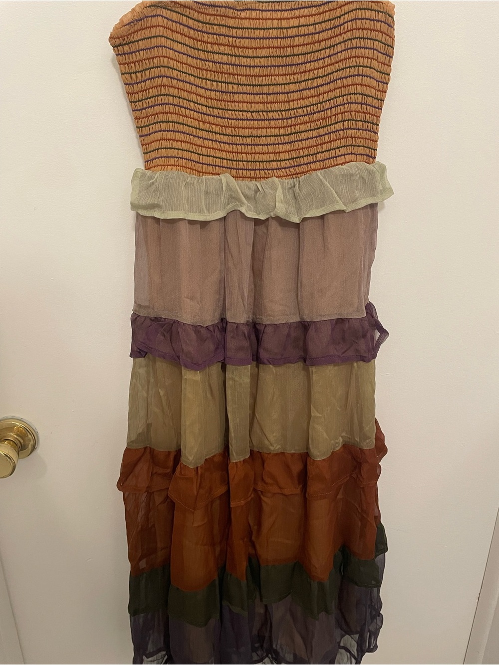 Storia Striped Smocked Bodice Tiered Midi Dress in Mustard, Olive, Plum, Rust